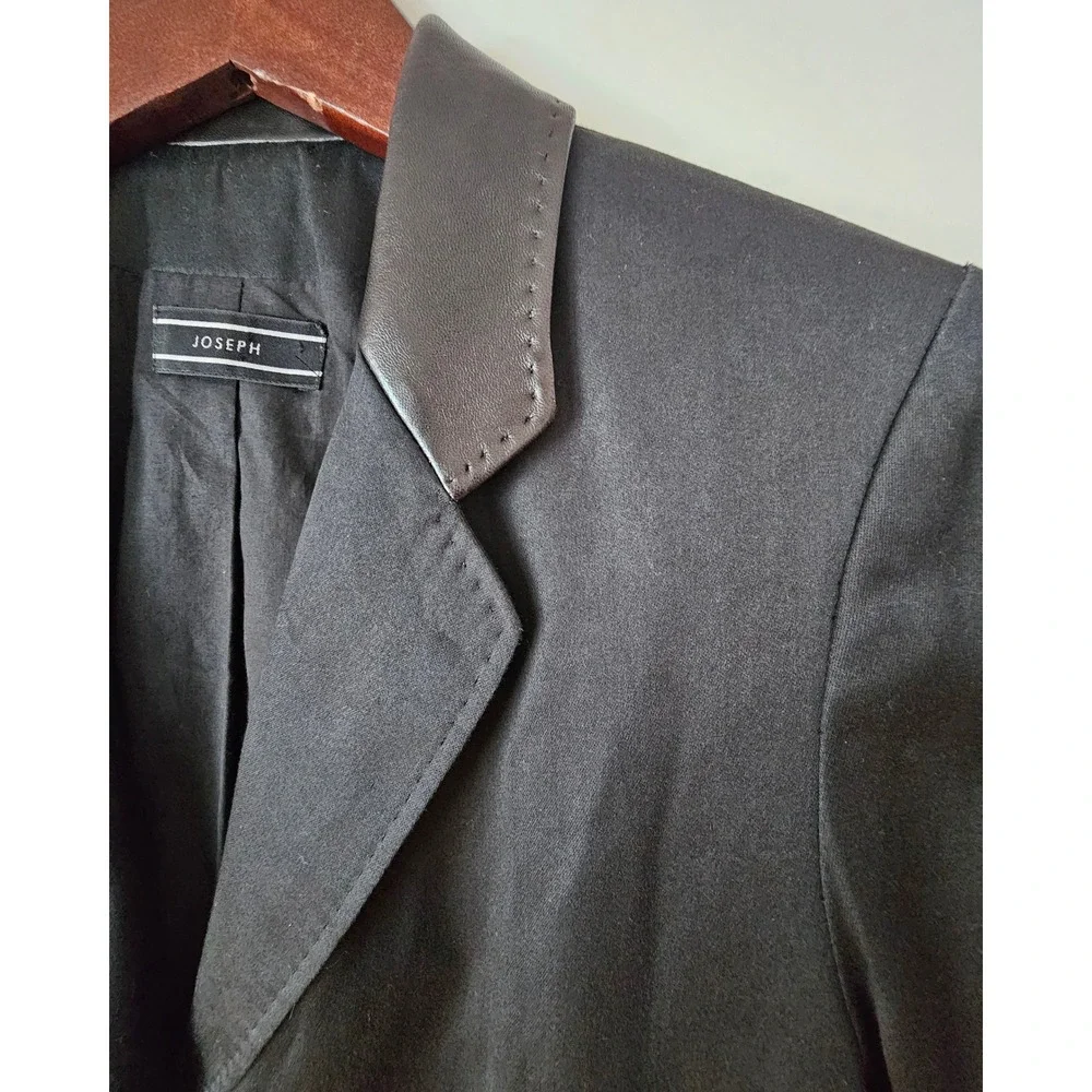 JOSEPH Black Cotton Blazer Leather Trim Detail Career Jacket‎ Size L